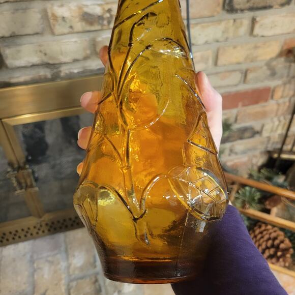 Vintage Amber Genie Bottle, Tall Decanter, Floral & Leaf Imprints - Picture 6 of 9
